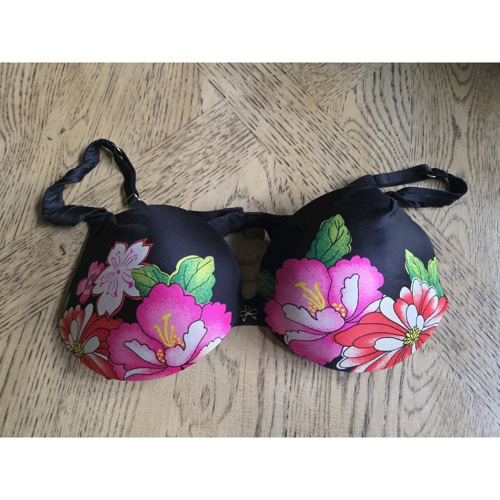 Victoria's Secret Plunge Bra Size 34D Black With Flowers Underwire